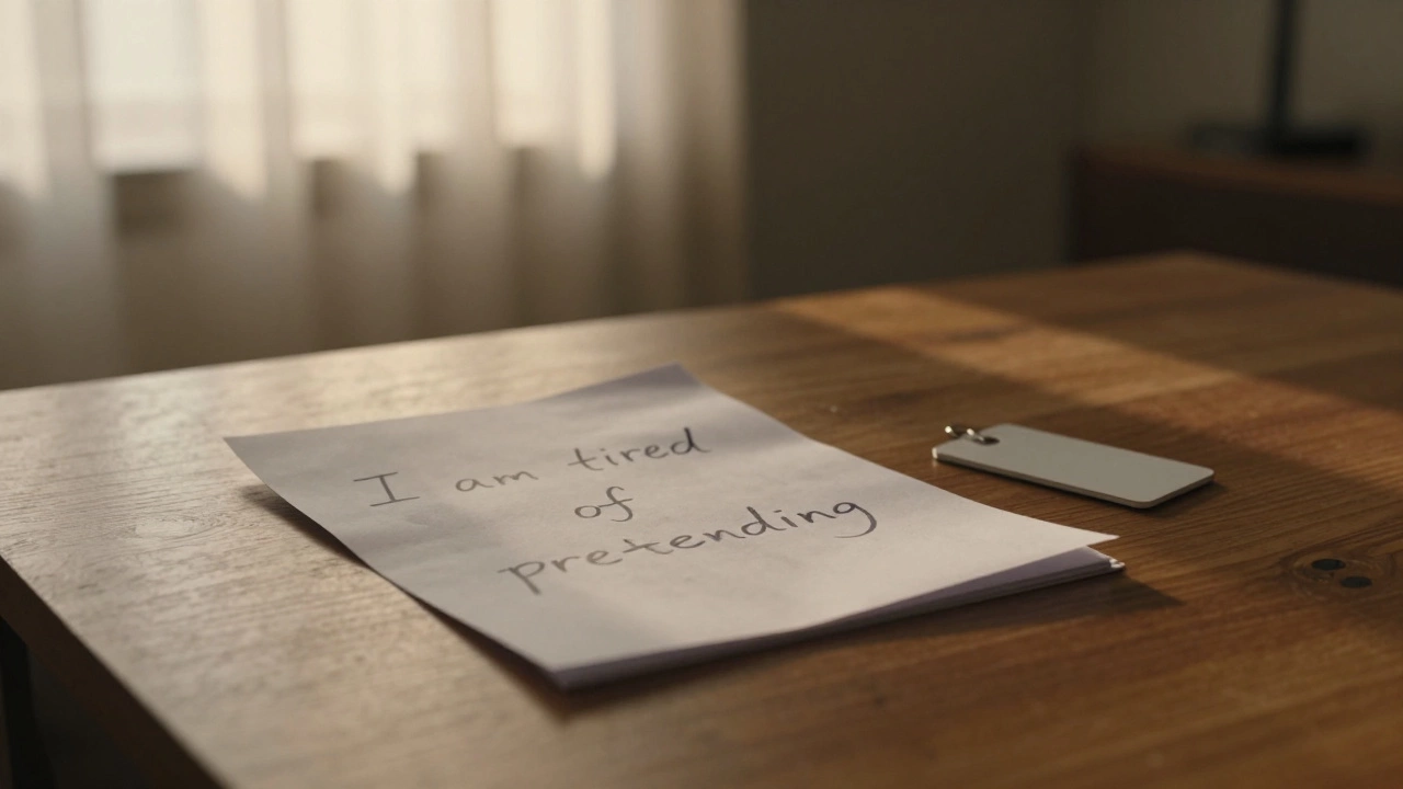 A handwritten note on wood with a keycard, bathed in golden light, symbolizing surrender and self-revelation.