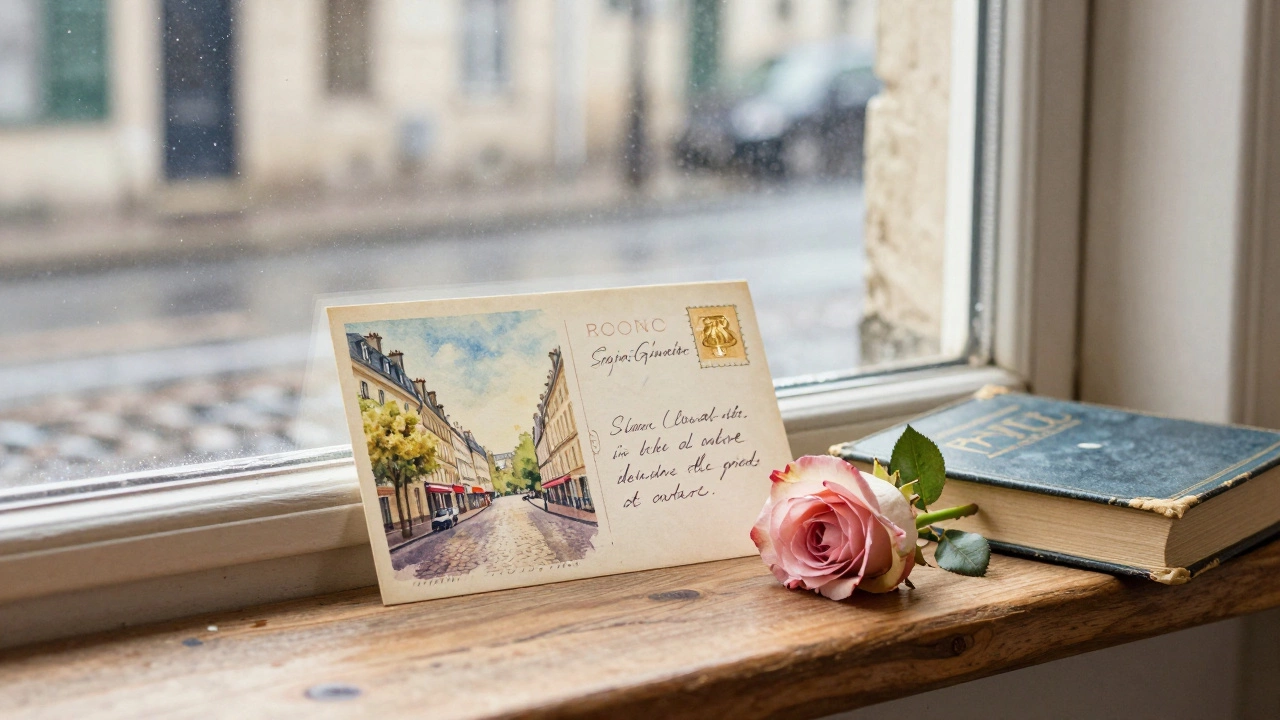 A handwritten postcard, rose, and open book rest on a windowsill in Saint-Germain-des-Prés, rain glistening on the cobblestones below.