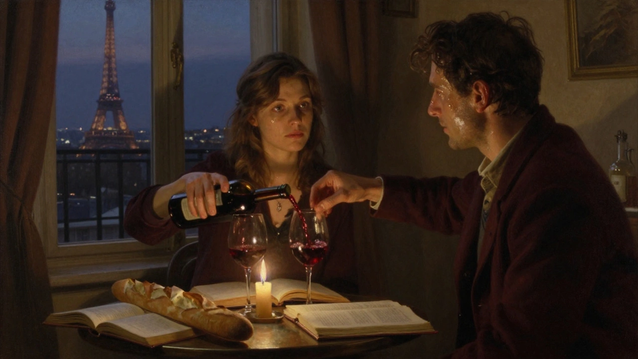 A woman pours wine in a cozy Paris apartment at twilight, the Eiffel Tower visible through the window as a man speaks softly.