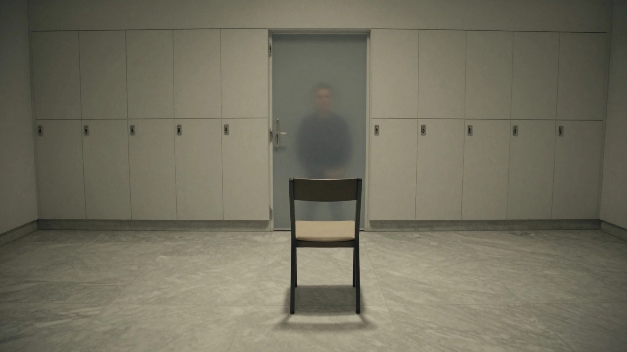An empty room with a biometric door and a single chair, evoking anticipation and psychological depth.